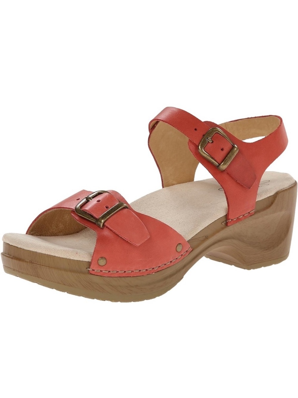 Sanita Coral-Red Leather Buckle Strap Sandals